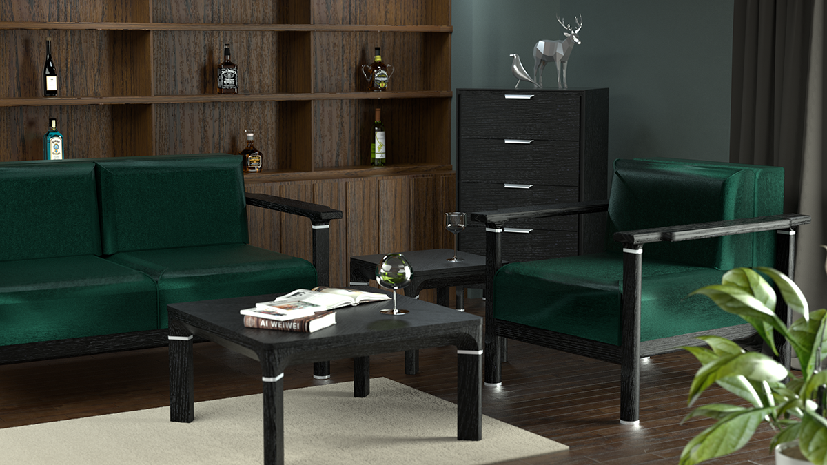 Living room lifestyle scene — green velvet sofa program with black oak case goods, OEM Vietnam