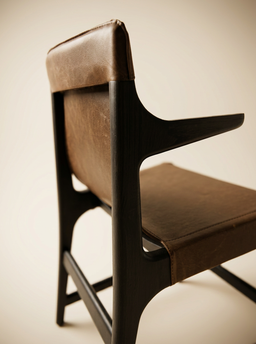 Dining chair leather-and-oak joinery detail — sculpted armrest, saddle-leather seat