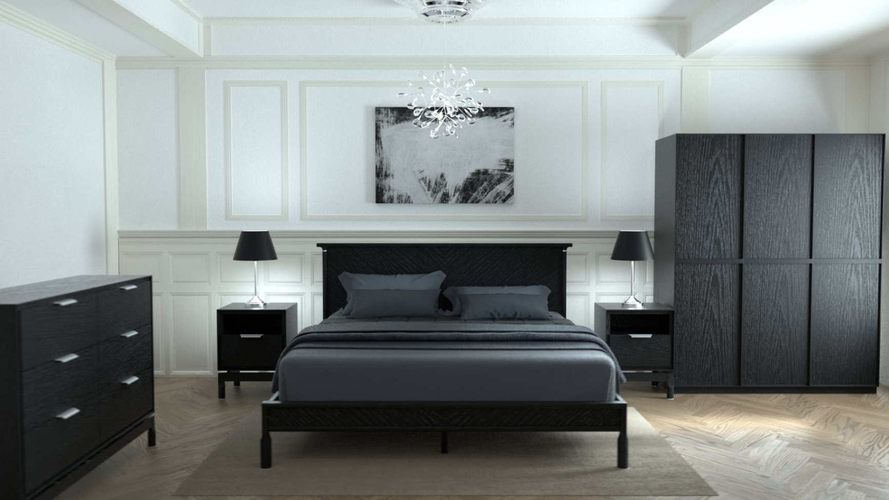 Bedroom suite lifestyle — black oak bed, matching nightstands, dresser and wardrobe, OEM Vietnam