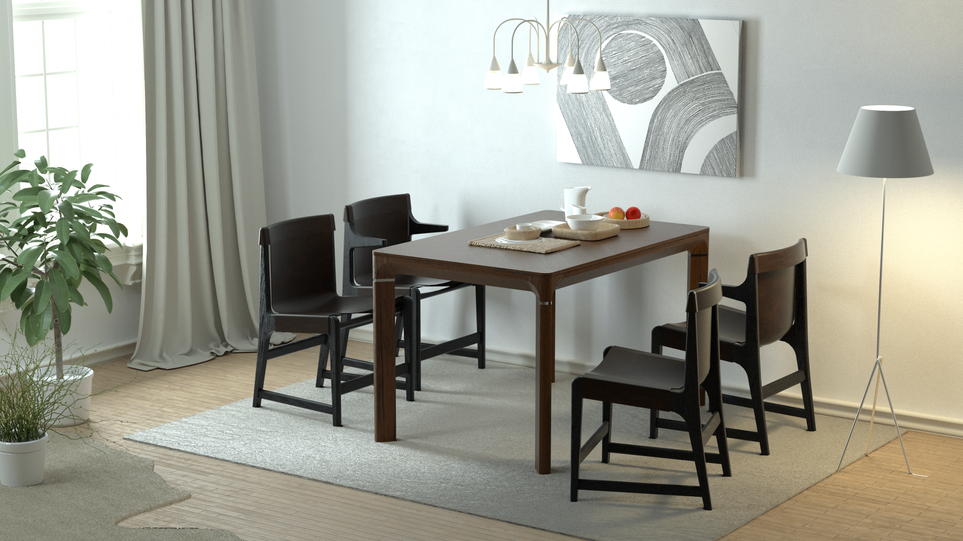 Dining room lifestyle — walnut extension table with ebonized oak chairs, ODM Vietnam