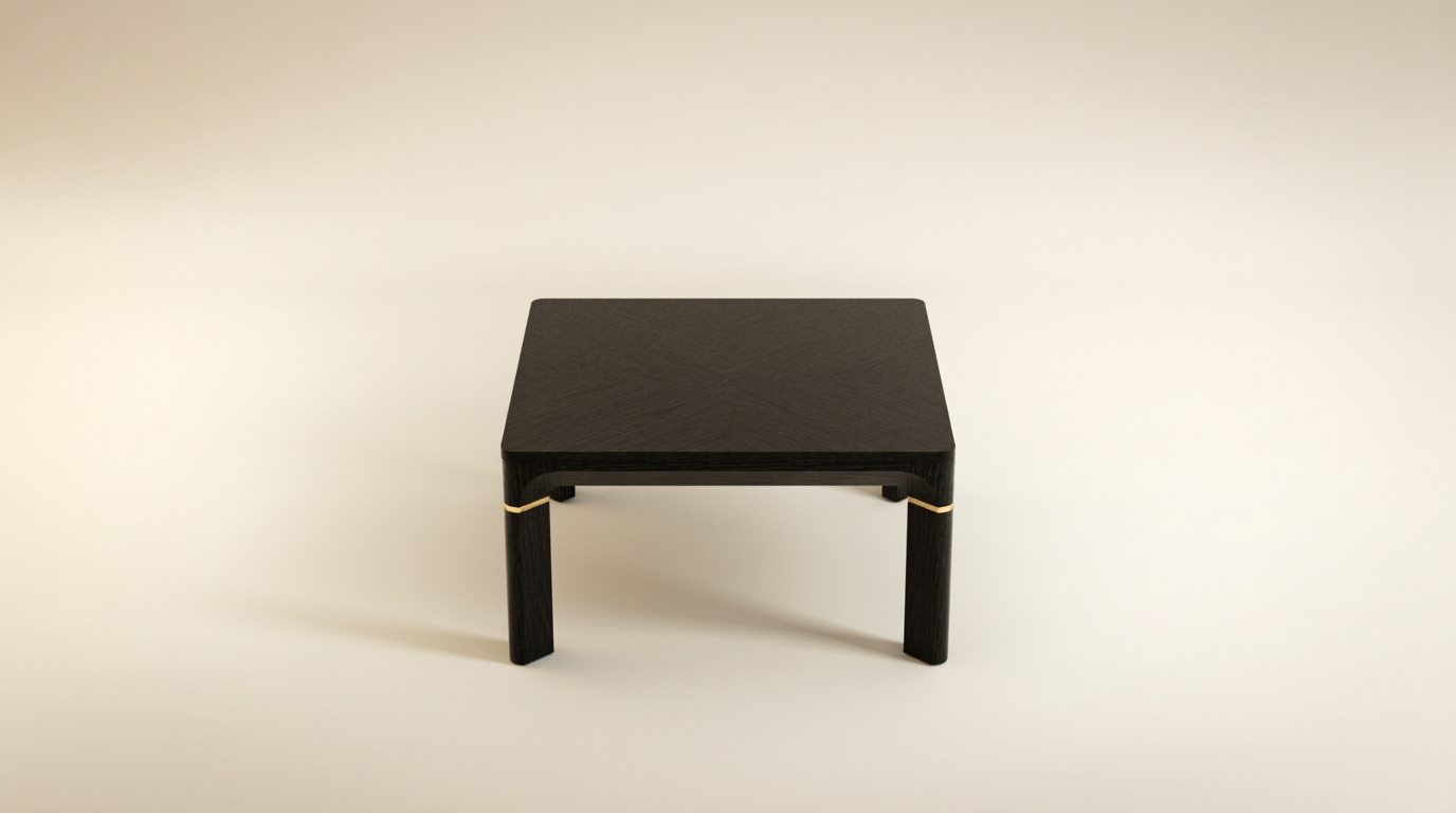 Black oak coffee table ODM Vietnam — mitered matched-veneer top, brass ring detail