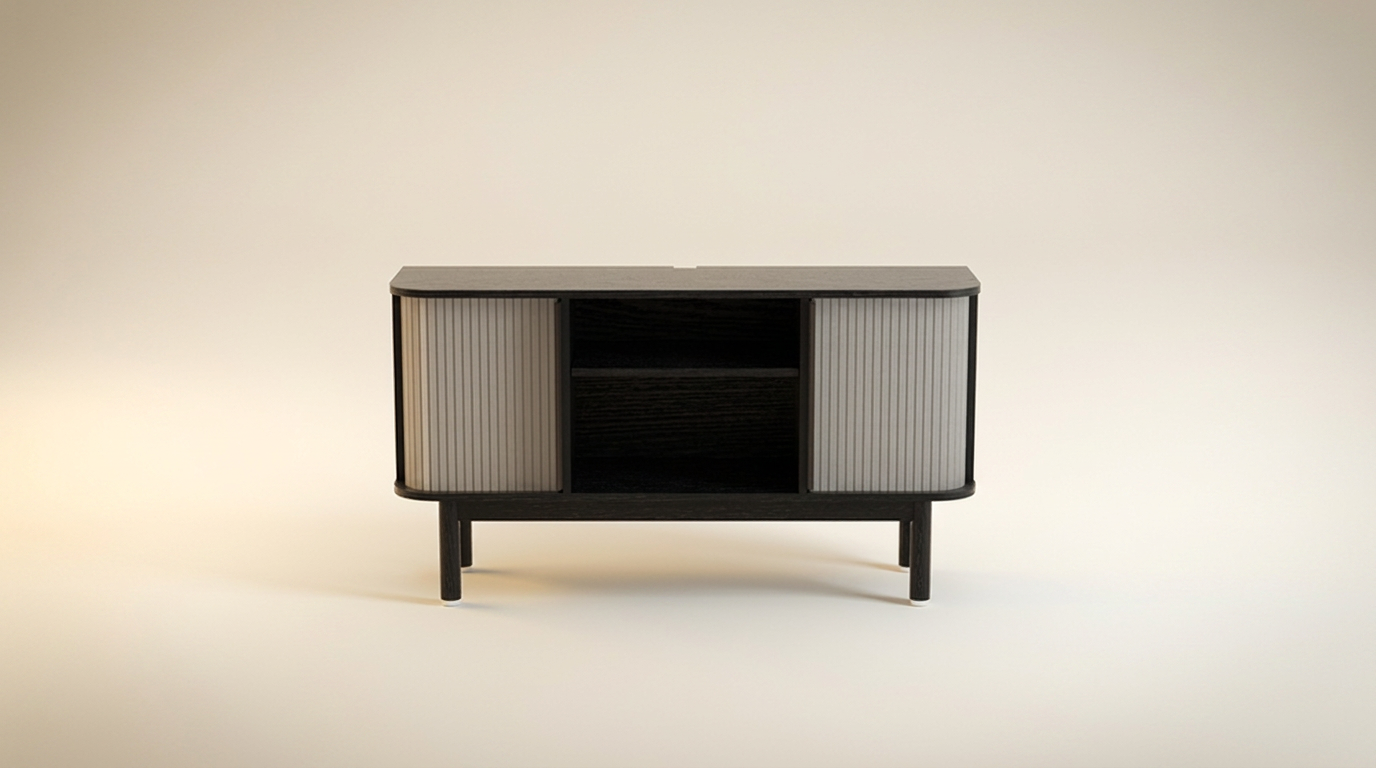 Modern wood TV stand OEM manufacturing — tambour sliding doors, leather pulls